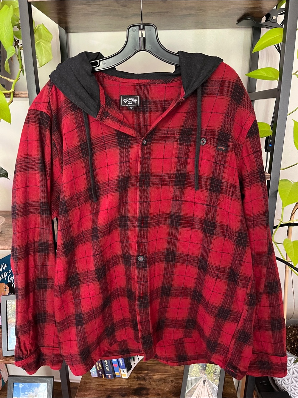 Billabong Red & Black Plaid Hooded Flannel Shirt